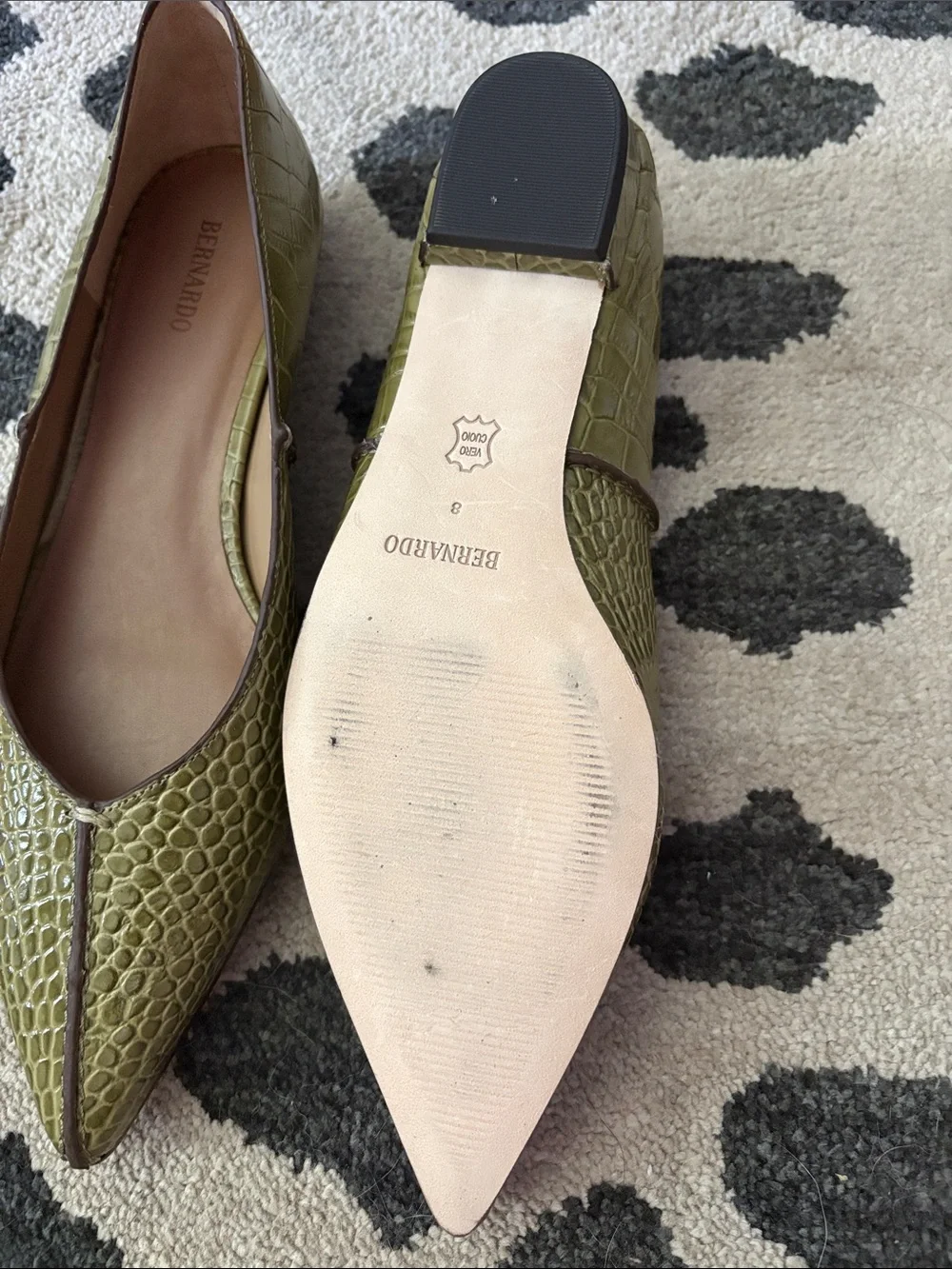Bernardo Olive Croc-Embossed Pointed Toe Flats